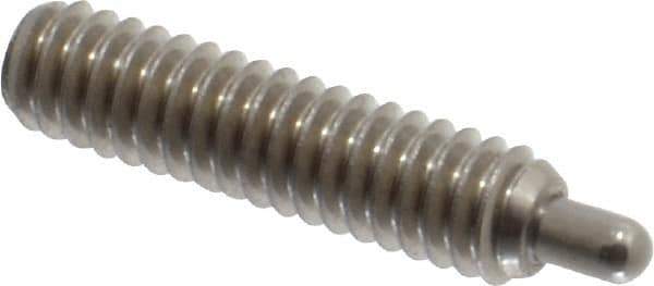 Vlier - 1/4-20, 1" Thread Length, 3/16" Plunger Projection, Stainless Steel Threaded Spring Plunger - 0.117 - 0.118" Max Plunger Diam, 1" Plunger Length, 3 Lb Init End Force, 13 Lb Final End Force, 0.079" Hex - Apex Tool & Supply