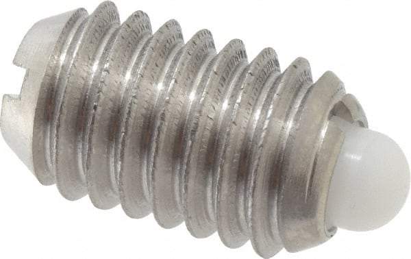 Vlier - 3/8-16, 5/8" Thread Length, 0.11" Plunger Projection, Stainless Steel Threaded Spring Plunger - 0.186" Max Plunger Diam, 0.625" Plunger Length, 4.5 Lb Init End Force, 18.5 Lb Final End Force - Apex Tool & Supply