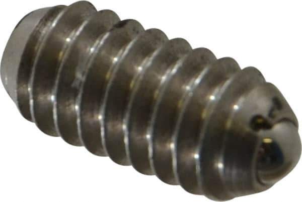Vlier - 1/4-20, 0.125" Ball Diam, 0.531" Body Length, 0.035" Max Ball Reach, Threaded Ball Plunger - Stainless Steel Body, Stainless Steel Ball, 3 Lb Initial End Force, 7 Lb Final End Force, Locking Element - Apex Tool & Supply