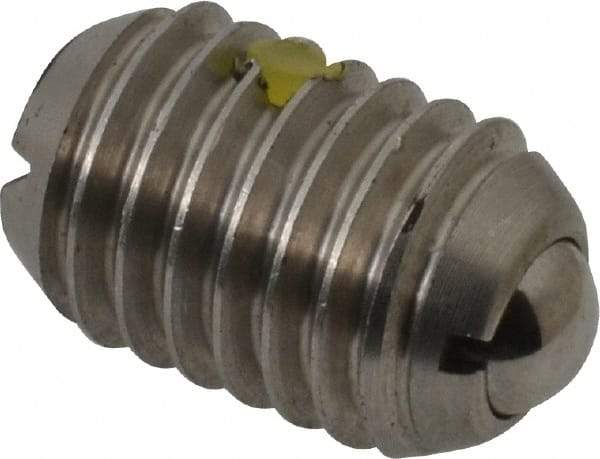 Vlier - 1/2-13, 0.281" Ball Diam, 0.75" Body Length, 0.072" Max Ball Reach, Threaded Ball Plunger - Stainless Steel Body, Stainless Steel Ball, 6 Lb Initial End Force, 12 Lb Final End Force, Locking Element - Apex Tool & Supply
