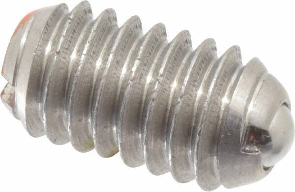 Vlier - 5/16-18, 0.156" Ball Diam, 0.578" Body Length, 0.04" Max Ball Reach, Threaded Ball Plunger - Stainless Steel Body, Stainless Steel Ball, 6 Lb Initial End Force, 17 Lb Final End Force, Locking Element - Apex Tool & Supply