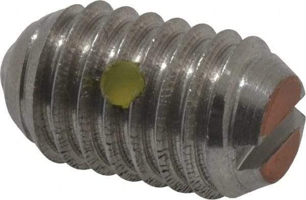 Vlier - 3/8-16, 0.188" Ball Diam, 0.625" Body Length, 0.048" Max Ball Reach, Threaded Ball Plunger - Stainless Steel Body, Stainless Steel Ball, 6 Lb Initial End Force, 21 Lb Final End Force, Locking Element - Apex Tool & Supply