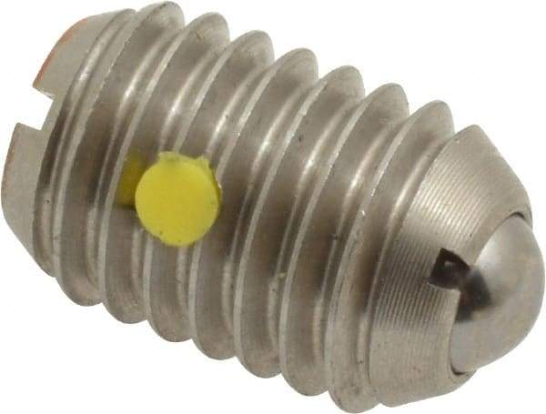 Vlier - 1/2-13, 0.281" Ball Diam, 0.75" Body Length, 0.072" Max Ball Reach, Threaded Ball Plunger - Stainless Steel Body, Stainless Steel Ball, 6 Lb Initial End Force, 30 Lb Final End Force, Locking Element - Apex Tool & Supply