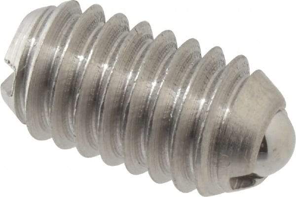 Vlier - 5/16-18, 0.156" Ball Diam, 0.578" Body Length, 0.04" Max Ball Reach, Threaded Ball Plunger - Stainless Steel Body, Stainless Steel Ball, 2 Lb Initial End Force, 4.25 Lb Final End Force - Apex Tool & Supply