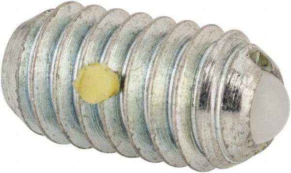 Vlier - 5/16-18, 0.156" Ball Diam, 0.578" Body Length, 0.04" Max Ball Reach, Threaded Ball Plunger - Steel Body, Nylon Ball, 2 Lb Initial End Force, 4.25 Lb Final End Force, Locking Element - Apex Tool & Supply