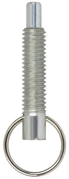 Vlier - 3/8-16, 1.2" Thread Length, 0.233" Plunger Diam, 3/8" Plunger Projection, 2 Lb Init to 4 Lb Final End Force, Steel Locking Pull Ring Plunger - 1.2" Len Under Head, 1.68" Body Len, 0.98" Ring Diam, 1.68" Plunger Len, 0.48" Head Height - Apex Tool & Supply