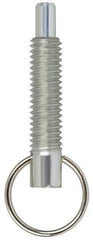 Vlier - M6x1.0, 0.8" Thread Length, 4mm Plunger Diam, 6.4mm Plunger Projection, 4.4 N Init to 11 N Final End Force, Steel Locking Pull Ring Plunger - 20.3mm Len Under Head, 29mm Body Len, 16mm Ring Diam, 1.1" Plunger Len, 0.3" Head Height, Locking Element - Apex Tool & Supply