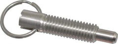 Vlier - 1/2-13, 1.4" Thread Length, 5/16" Plunger Diam, 1/2" Plunger Projection, 2.5 Lb Init to 5 Lb Final End Force, Stainless Steel Locking Pull Ring Plunger - 1.4" Len Under Head, 2" Body Len, 1.26" Ring Diam, 2" Plunger Len, 0.6" Head Height - Apex Tool & Supply