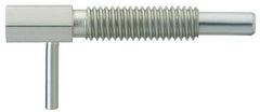 Vlier - M6x1.0, 0.788" Thread Length, 4mm Plunger Diam, 2.2 N Init to 11.1 N Final End Force, Stainless Steel Locking L Handle Plunger - 32mm Body Length, 20mm Length Under Head, Locking Element, 10mm Plunger Projection - Apex Tool & Supply