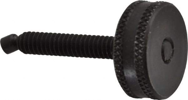 Vlier - 1/4-20 Knurled Shoulderless Swivel Pad Tip Steel Thumb Screw - 1-7/8" OAL, 1" Head Diam x 3/8" Head Height, Black Oxide Finish - Apex Tool & Supply