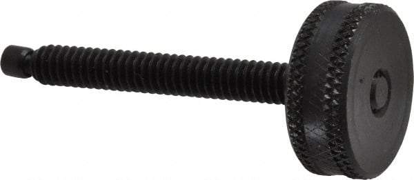 Vlier - 1/4-20 Knurled Shoulderless Swivel Pad Tip Steel Thumb Screw - 2-3/8" OAL, 1" Head Diam x 3/8" Head Height, Black Oxide Finish - Apex Tool & Supply