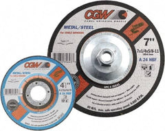 Camel Grinding Wheels - 24 Grit, 5" Wheel Diam, 1/4" Wheel Thickness, Type 27 Depressed Center Wheel - Coarse Grade, Aluminum Oxide, Resinoid Bond, 12,250 Max RPM - Apex Tool & Supply