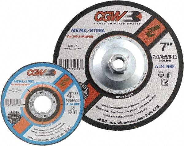 Camel Grinding Wheels - 24 Grit, 6" Wheel Diam, 1/4" Wheel Thickness, 7/8" Arbor Hole, Type 27 Depressed Center Wheel - Coarse Grade, Aluminum Oxide, Resinoid Bond, 10,200 Max RPM - Apex Tool & Supply