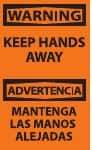 NMC - Accident Prevention Label, Header: WARNING - Legend: Warning - Keep Hands Away, English & Spanish, Black & Orange, 3" Long x 5" High, Sign Muscle Finish - Apex Tool & Supply