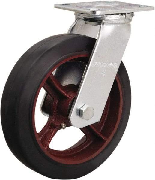 Hamilton - 8" Diam x 2" Wide x 9-1/2" OAH Top Plate Mount Swivel Caster - Rubber Mold on Cast Iron, 500 Lb Capacity, Straight Roller Bearing, 4 x 4-1/2" Plate - Apex Tool & Supply