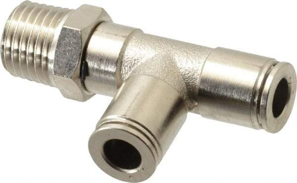 Value Collection - 1/4" Outside Diam, 1/4 NPT, Nickel Plated Brass Push-to-Connect Tube Male Run Tee - 150 Max psi, Tube to Male NPT Connection, Brass O-Ring - Apex Tool & Supply