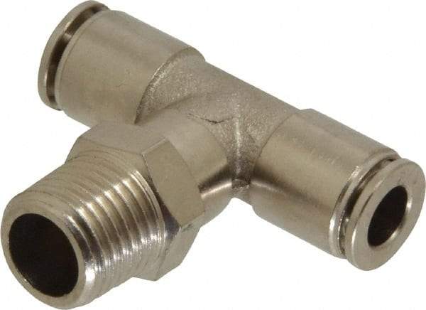 Value Collection - 1/4" Outside Diam, 1/4 NPT, Nickel Plated Brass Push-to-Connect Tube Male Branch Tee - 150 Max psi, Tube to Male NPT Connection, Brass O-Ring - Apex Tool & Supply
