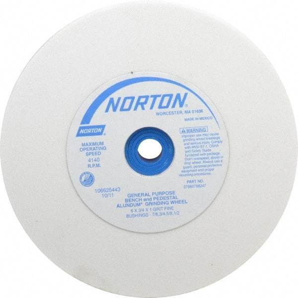 Norton - 100 Grit Aluminum Oxide Bench & Pedestal Grinding Wheel - 6" Diam x 1" Hole x 3/4" Thick, 4140 Max RPM, J Hardness, Fine Grade , Vitrified Bond - Apex Tool & Supply