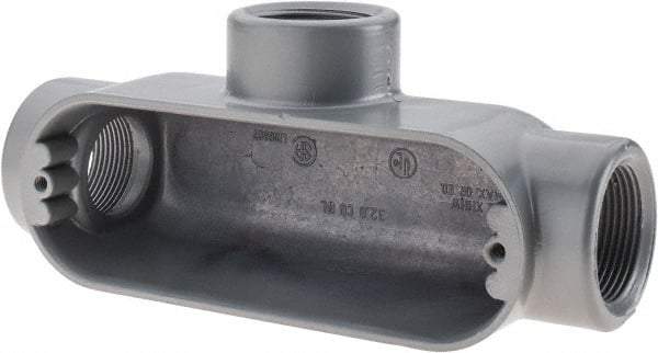 Thomas & Betts - T Body, 1-1/4" Trade, IMC, Rigid Aluminum Conduit Body - Oval, 7-7/8" OAL, 32 cc Capacity, Gray - Apex Tool & Supply