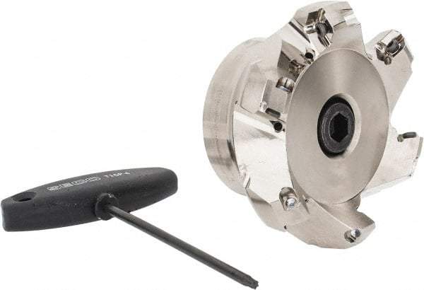 Seco - 3.7" Cut Diam, 1" Arbor Hole, 0.236" Max Depth of Cut, 45° Indexable Chamfer & Angle Face Mill - 6 Inserts, SE.X 43 Insert, Right Hand Cut, 6 Flutes, Through Coolant, Series R220.79 - Apex Tool & Supply