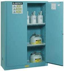Justrite - 2 Door, 2 Shelf, Blue Steel Standard Safety Cabinet for Corrosive Chemicals - 65" High x 43" Wide x 18" Deep, Manual Closing Door, 3 Point Key Lock, 45 Gal Capacity - Apex Tool & Supply