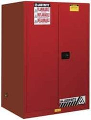Justrite - 2 Door, 2 Shelf, Red Steel Standard Safety Cabinet for Flammable and Combustible Liquids - 65" High x 43" Wide x 34" Deep, Manual Closing Door, 3 Point Key Lock, 90 Gal Capacity - Apex Tool & Supply