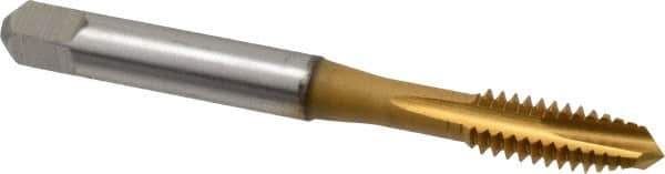 Accupro - 1/4-20 UNC, 3 Flute, TiN Finish, Powdered Metal Spiral Point Tap - Plug Chamfer, Right Hand Thread, 2-1/2" OAL, 2B Class of Fit - Exact Industrial Supply