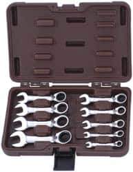 Paramount - 9 Piece, 1/4" to 3/4", Stubby Ratcheting Reversible Combination Wrench Set - Inch Measurement Standard, Full Polish Chrome Finish, Comes in Blow Molded Case - Apex Tool & Supply