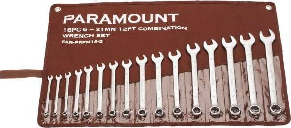 Paramount - 16 Piece, 6mm to 21mm, Combination Wrench Set - Metric Measurement Standard, Satin Chrome Finish, Comes in Canvas Roll - Apex Tool & Supply