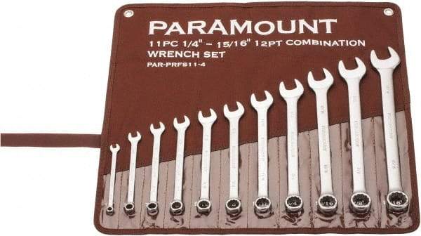 Paramount - 11 Piece, 1/4" to 15/16", Combination Wrench Set - Inch Measurement Standard, Satin Chrome Finish, Comes in Canvas Roll - Apex Tool & Supply