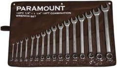 Paramount - 16 Piece, 1/4 to 1-1/4", Combination Wrench Set - Inch System of Measurement, Satin Chrome Finish, Comes in Canvas Roll - Apex Tool & Supply
