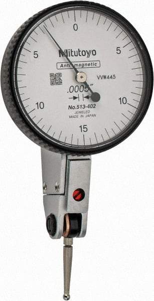 Mitutoyo - 0.03 Inch Range, 0.0005 Inch Dial Graduation, Horizontal Dial Test Indicator - 1.5748 Inch White Dial, 0-15-0 Dial Reading, Accurate to 0.0005 Inch - Apex Tool & Supply