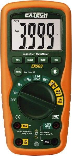 Extech - EX503, CAT IV, 1,000 VAC/VDC, Digital Auto Ranging Average Responding Manual Ranging Multimeter - 40 mOhm, Measures Voltage, Capacitance, Current, Frequency, Resistance - Apex Tool & Supply