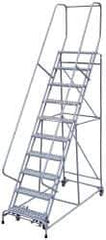 Cotterman - 130" 10 Step Rolling Warehouse Ladder - Assembled, 450 Lb Capacity, 100" Platform Height, 32" Base Width x 74" Base Depth, Perforated Tread - Apex Tool & Supply