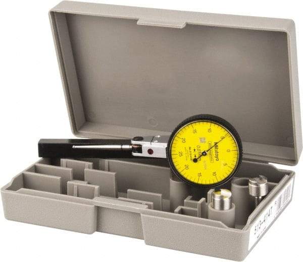 Mitutoyo - 1/2 mm Range, 0.01 mm Dial Graduation, Horizontal Dial Test Indicator - 1.5748 Inch Yellow Dial, 0-25-0 Dial Reading, Accurate to 0.01 Inch - Apex Tool & Supply