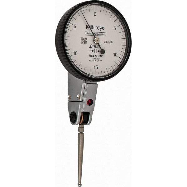 Mitutoyo - 0.03 Inch Range, 0.0005 Inch Dial Graduation, Horizontal Dial Test Indicator - 1.5748 Inch White Dial, 0-15-0 Dial Reading, Accurate to 0.0005 Inch - Apex Tool & Supply
