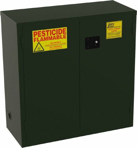 Jamco - 2 Door, 1 Shelf, Green Steel Double Wall Safety Cabinet for Flammable and Combustible Liquids - 44" High x 18" Wide x 43" Deep, Manual Closing Door, 3 Point Key Lock, 30 Gal Capacity - Apex Tool & Supply