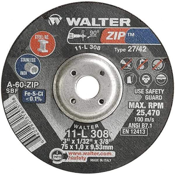 WALTER Surface Technologies - 60 Grit, 3" Wheel Diam, 1/32" Wheel Thickness, 3/8" Arbor Hole, Type 27 Depressed Center Wheel - Aluminum Oxide, Resinoid Bond, 25,470 Max RPM, Compatible with Die Grinders & Straight Shaft Grinder - Apex Tool & Supply