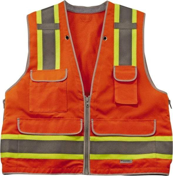 Ergodyne - Size L/XL High Visibility Orange Mesh/Solid Surveyor's Vest - 44 to 52" Chest, ANSI/ISEA 107, Zipper Closure, 6 Pockets, Polyester - Apex Tool & Supply