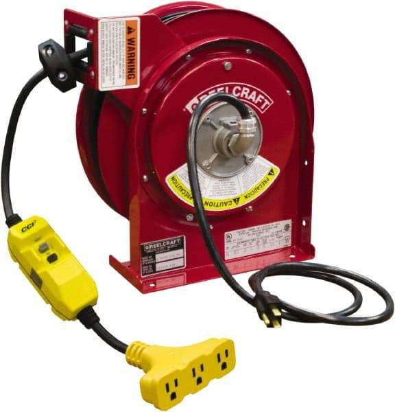 Reelcraft - 12 AWG, 45' Cable Length, Cord & Cable Reel with Triple-Tap with GFCI End - 3 Outlets, NEMA 5-15R, 15 Amps, 125 Volts, SJEOOW Cable, Red Reel, Spring Driven Reel - Apex Tool & Supply