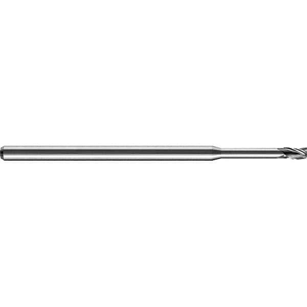 Accupro - 1/16", 0.093" LOC, 1/8" Shank Diam, 2-1/2" OAL, 3 Flute, Solid Carbide Square End Mill - Single End, Uncoated, Spiral Flute, 30° Helix, Centercutting, Right Hand Cut, Right Hand Flute, Series Miniature - Apex Tool & Supply
