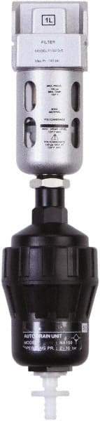 PRO-SOURCE - 1/4" Port, 4.45" High x 1.57" Wide Miniature Filter with Polycarbonate Bowl, Automatic Drain - 28 SCFM, 145 Max psi, 140°F Max Temp, Modular Connection, Bowl Guard, 0.3 oz Bowl Capacity - Apex Tool & Supply