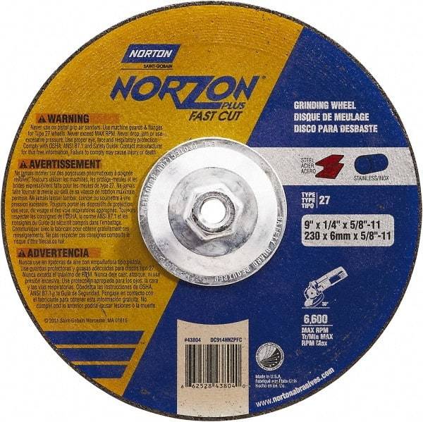 Norton - 9" Wheel Diam, 1/4" Wheel Thickness, Type 27 Depressed Center Wheel - Ceramic, Resinoid Bond, 6,600 Max RPM - Apex Tool & Supply