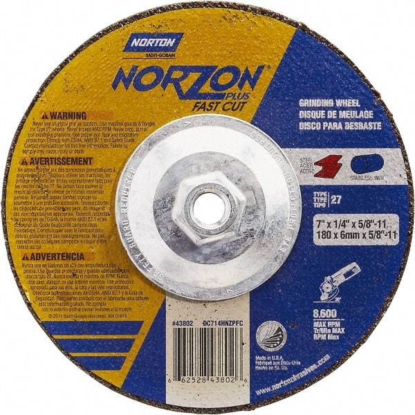 Norton - 7" Wheel Diam, 1/4" Wheel Thickness, Type 27 Depressed Center Wheel - Ceramic, Resinoid Bond, 8,600 Max RPM - Apex Tool & Supply