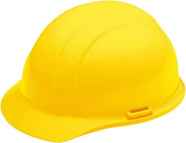 Ability One - ANSI Type I, Class E Rated, 4-Point, Ratchet Adjustment Hard Hat - Yellow, Full Brim - Apex Tool & Supply