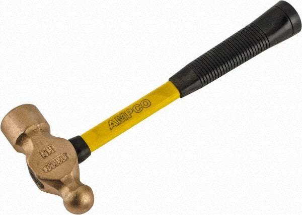 Ampco - 2-3/4 Lb Head Aluminum Bronze Ball Pein Hammer - 14" Fiberglass Handle with Grip, 1-13/16" Face Diam, 14" OAL - Apex Tool & Supply