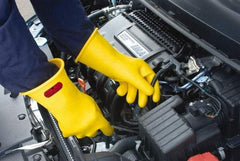 Ansell - Class 2, Size 12, 16" Long, Rubber Lineman's Glove - 20,000 AC Max Use Voltage, 17,000 AC Test Voltage, Yellow, ASTM D120 - Apex Tool & Supply