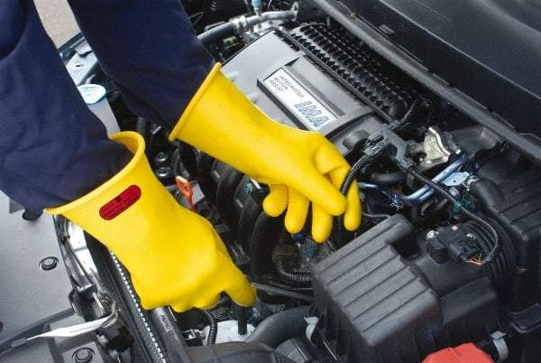 Ansell - Class 0, Size 12, 11" Long, Rubber Lineman's Glove - 2,500 AC Max Use Voltage, 500 AC Test Voltage, Yellow, ASTM D120 - Apex Tool & Supply