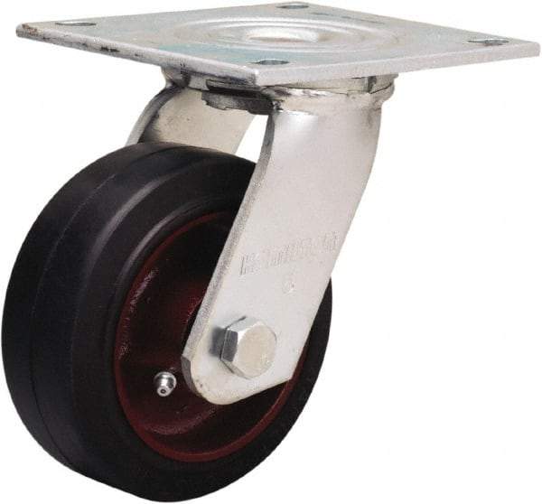 Hamilton - 5" Diam x 2" Wide x 6-1/2" OAH Top Plate Mount Swivel Caster - Rubber Mold on Cast Iron, 350 Lb Capacity, Straight Roller Bearing, 5 x 5-1/2" Plate - Apex Tool & Supply