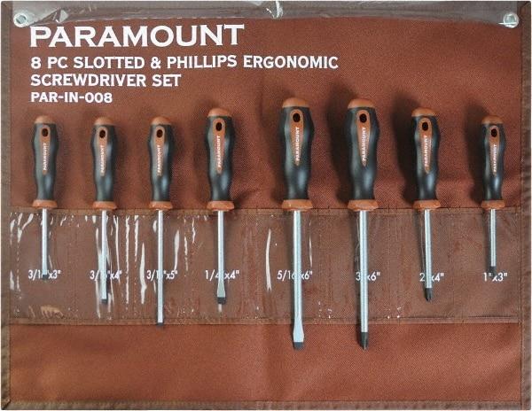Paramount - 8 Piece Slotted, Phillips & Cabinet Screwdriver Set - Blade Sizes: Width 3/16, 1/4 & 5/16, Bit Sizes: Philips #0 to #3 - Apex Tool & Supply